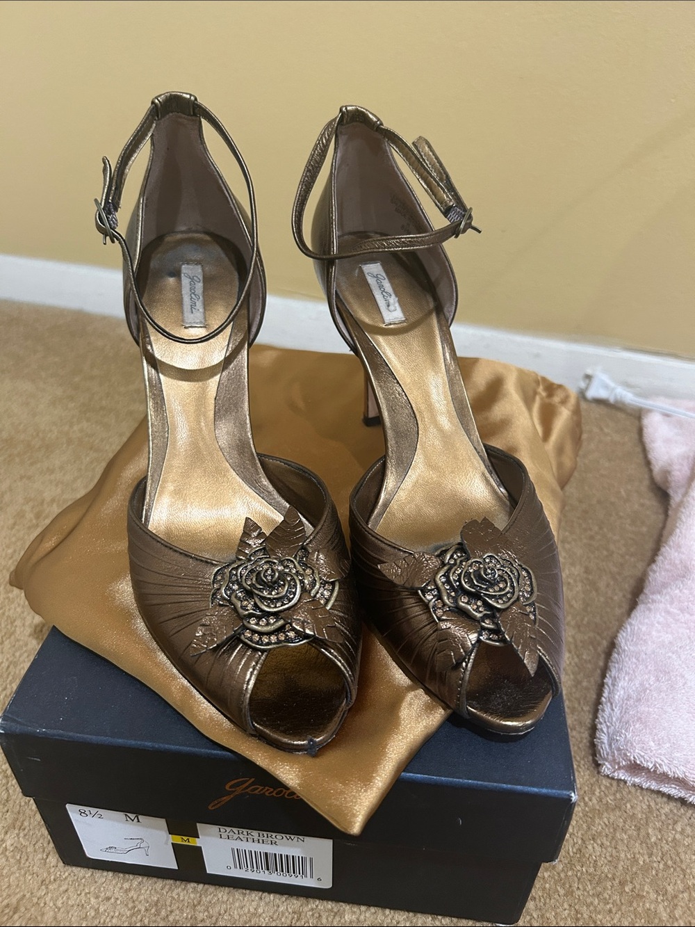 Garolino Bronze Peep-Toe Ankle Strap Heels with gorgeous embellishment